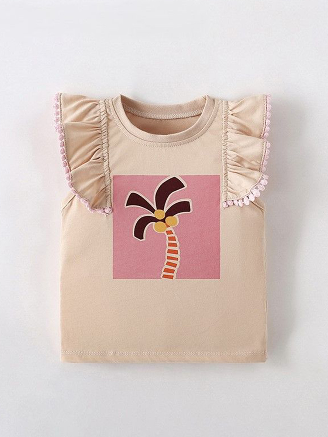 

YK Print Flutter Sleeve Cotton Top, Beige