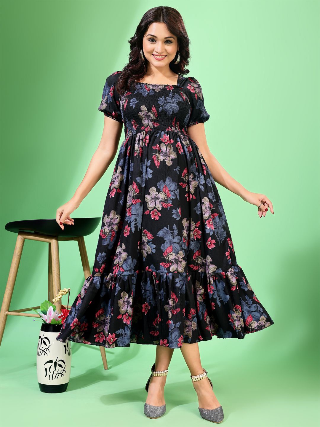 

STARWORD Women Floral Printed Cotton Fit & Flared Dress, Black