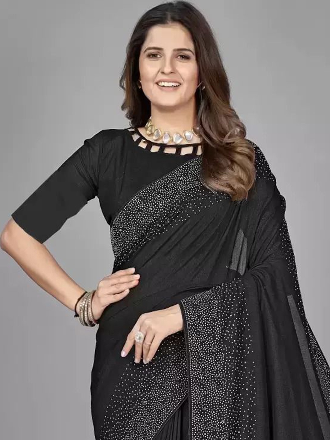 

Florence Embellished Beads and Stones Pure Georgette Saree, Black