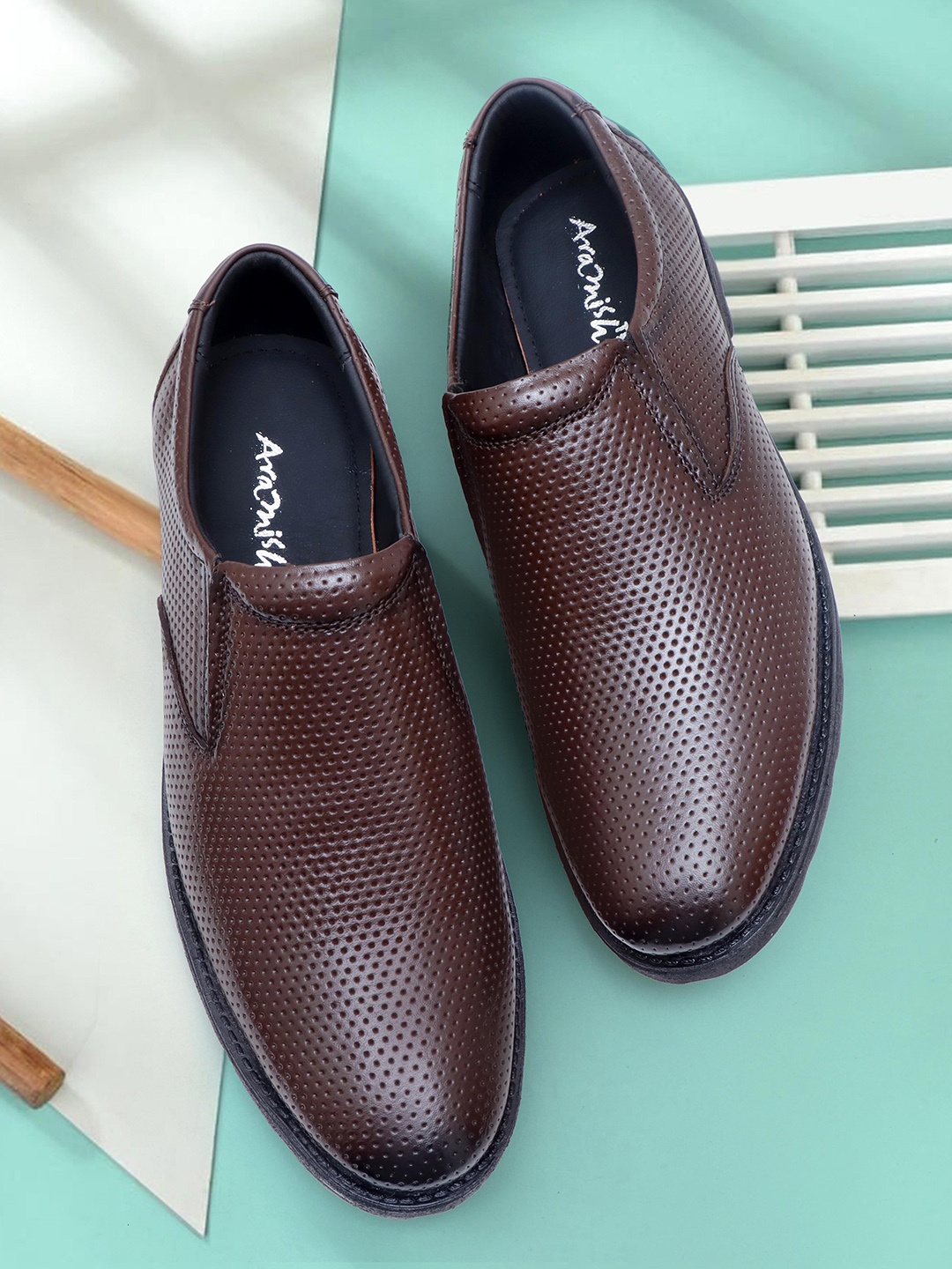 

ARAMISH Men Textured Genuine Leather Formal Slip-On Shoes, Brown