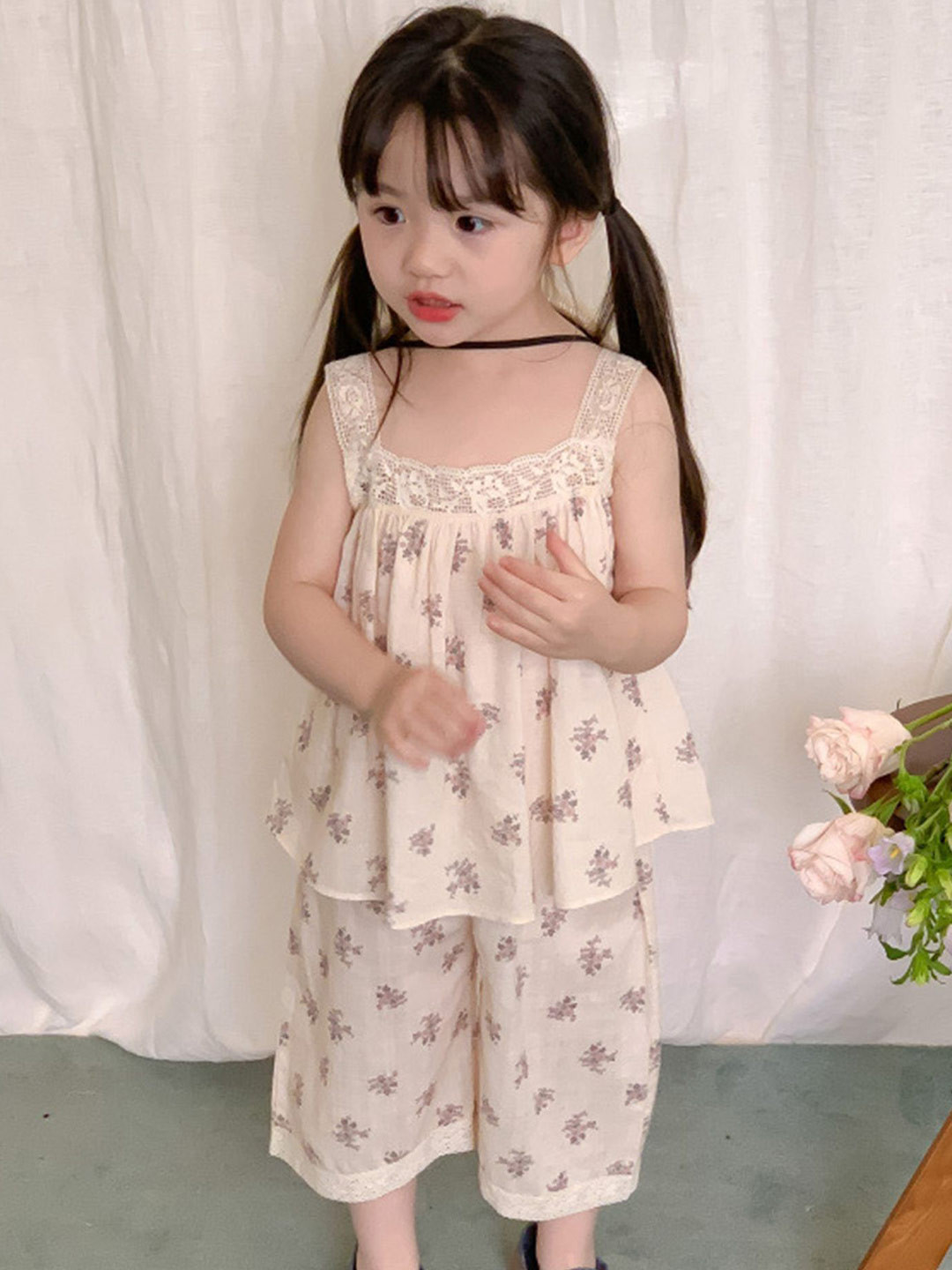 

LULU & SKY Girls Printed Sleeveless Cotton Top With Palazzo, Beige