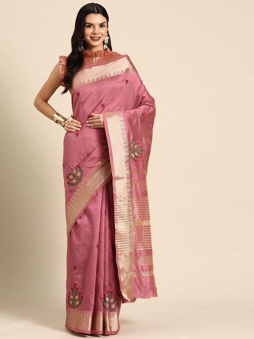 

DIVASTRI Woven Design Embroidered Silk Cotton Banarasi Saree, Pink