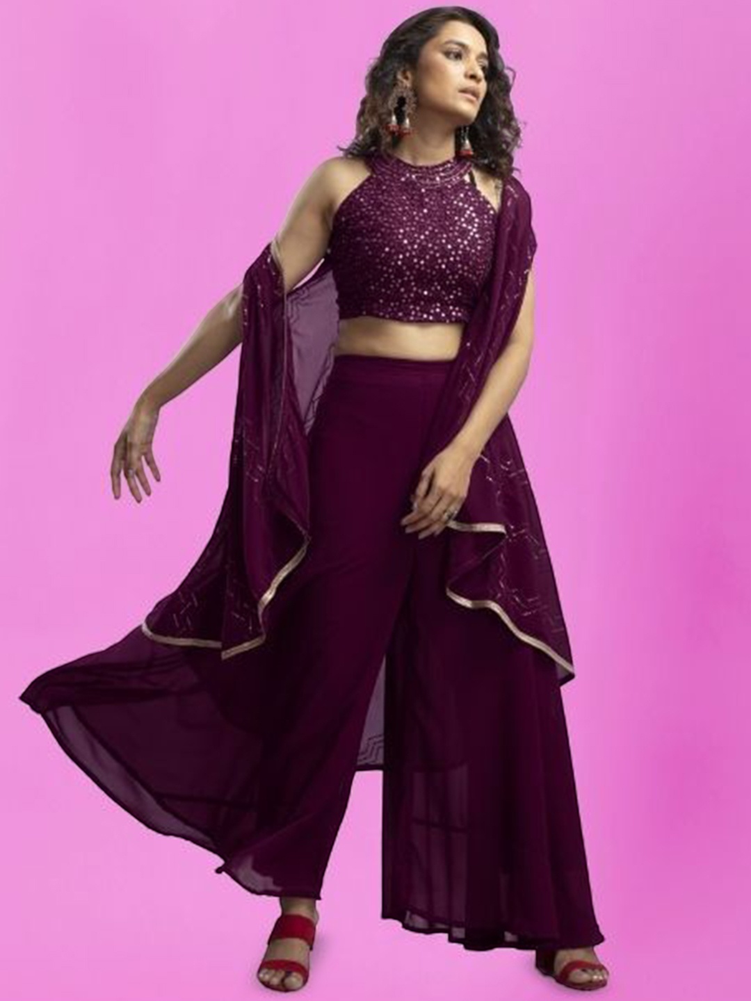 

PARROT CREATION Geometric Embroidered Halter Neck Crop Top With Palazzos & Shrug, Burgundy