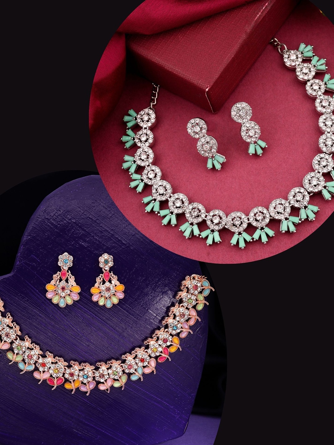 

DIVASTRI Set Of 2 Rose Gold & Silver-Plated American Diamonds Studded Jewellery Set