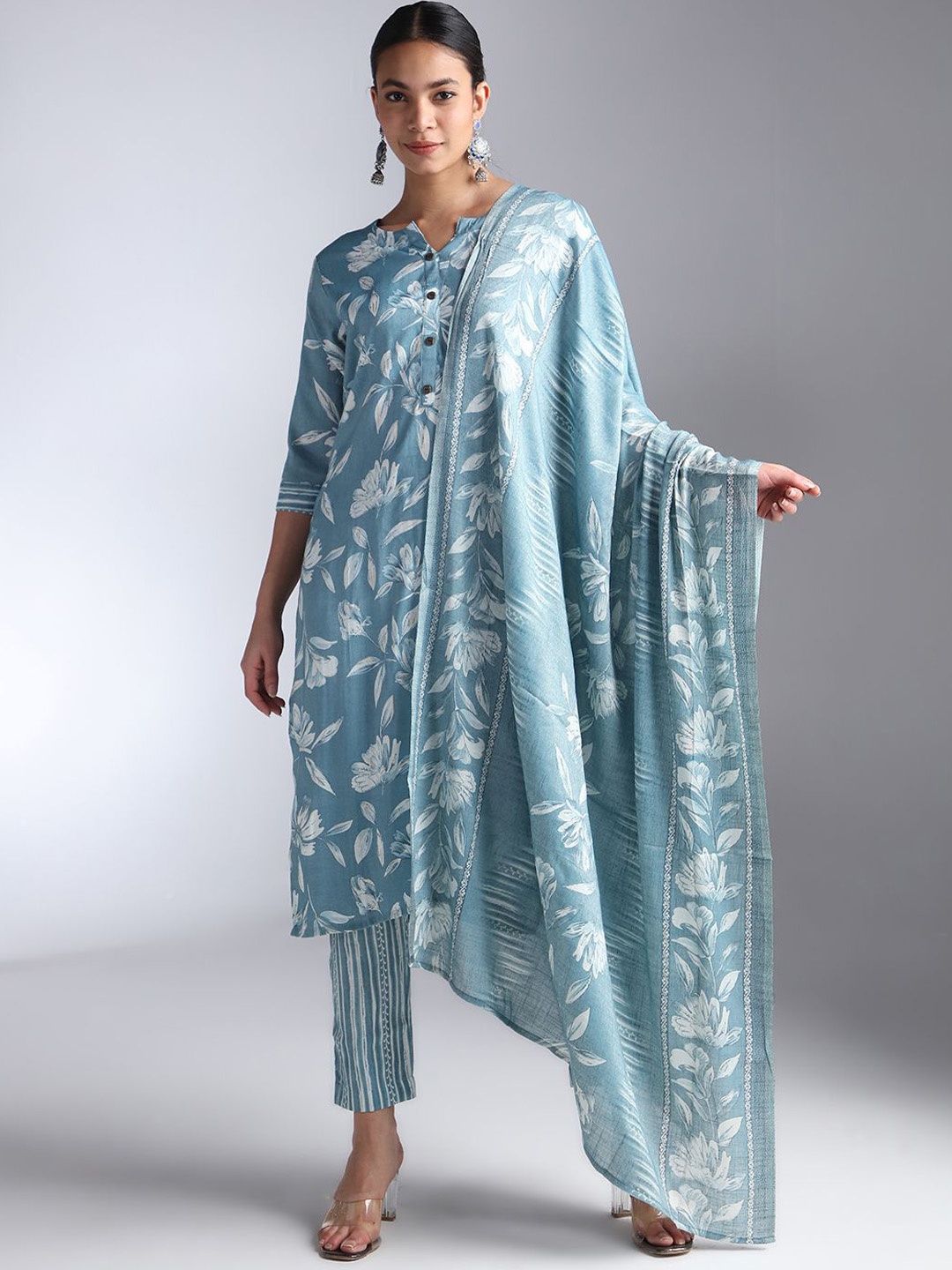 

House Of Dharaa Floral Printed Kurta With Trousers & Dupatta, Blue