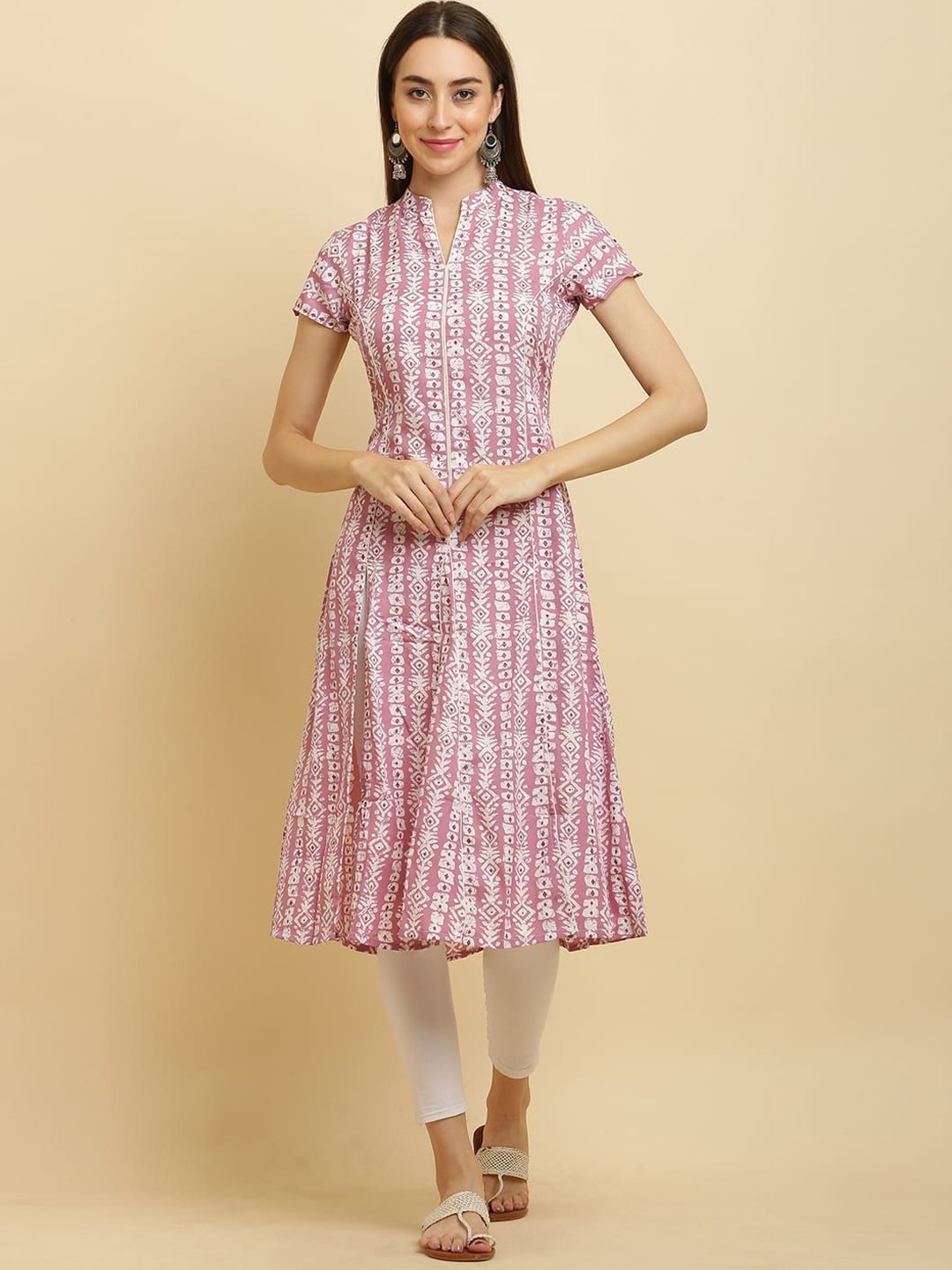 

DEGE Ethnic Motifs Printed Mandarin Collar A-Line Kurta, Pink