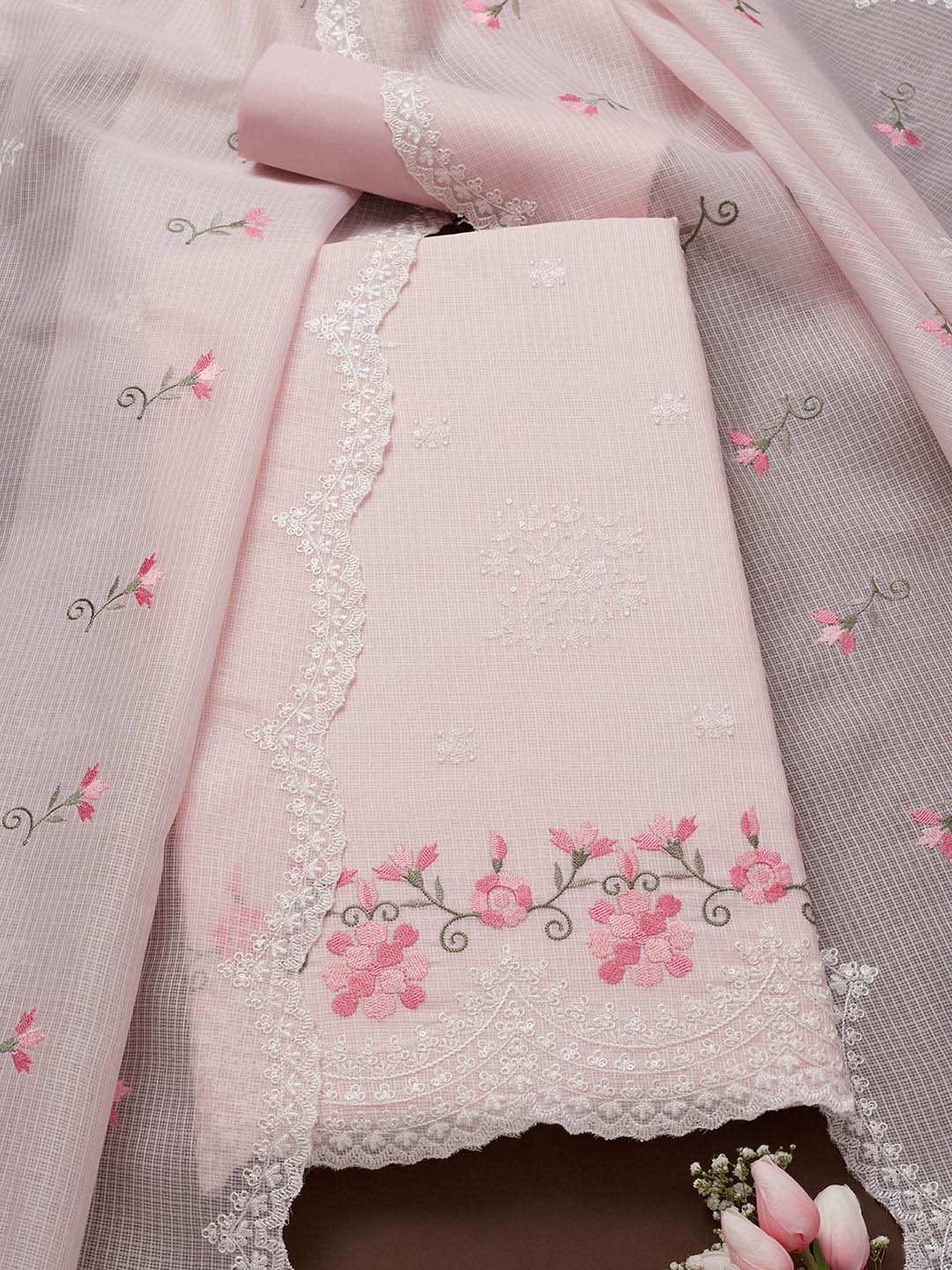 

Soch Floral Embroidered Sequinned Kota Unstitched Dress Material, Pink
