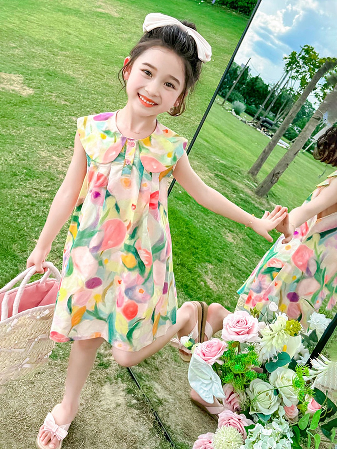 

LULU & SKY Girls Floral Printed Peter Pan Collar A-Line Dress, Pink