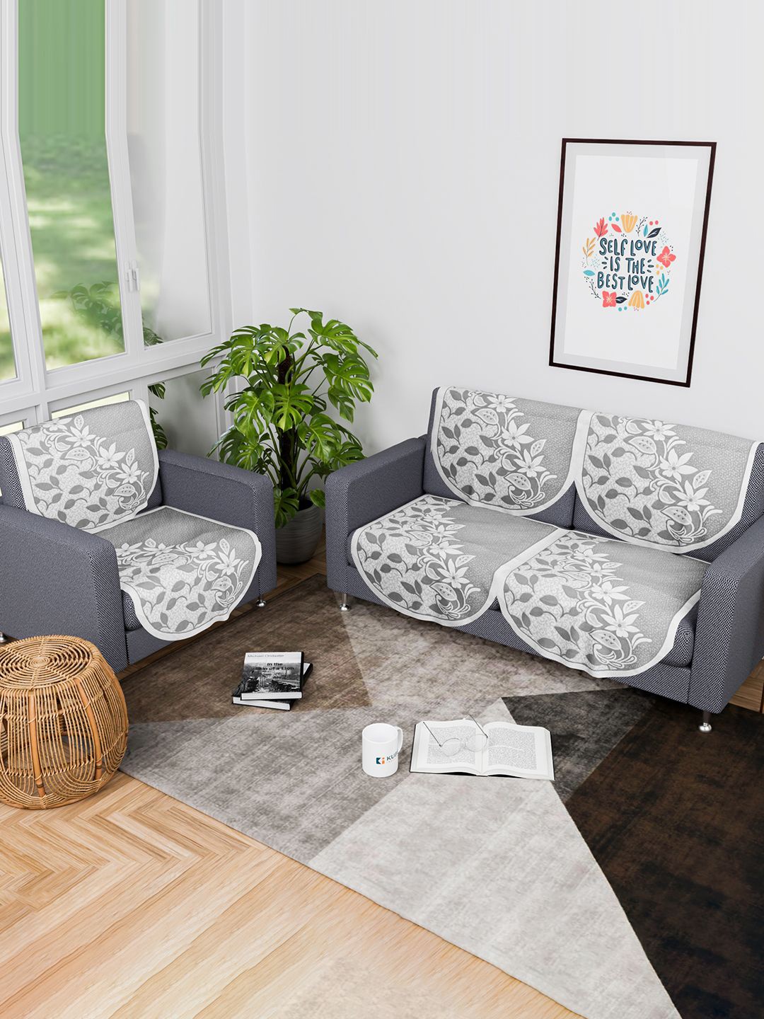 

Kuber Industries Grey & White 6 Pieces Printed Cotton 3 Seater Sofa Covers