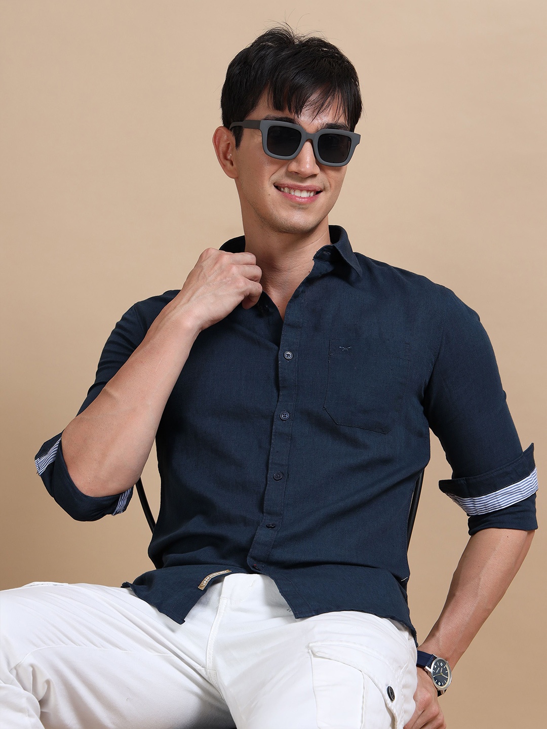 

RIGS AND RAGS Men Smart Semi Sheer Casual Shirt, Navy blue