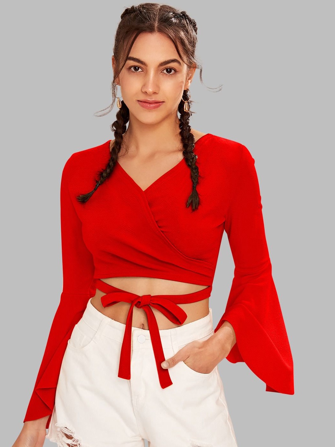 

DHUNKI Bell Sleeve Blouson Crop Top, Red