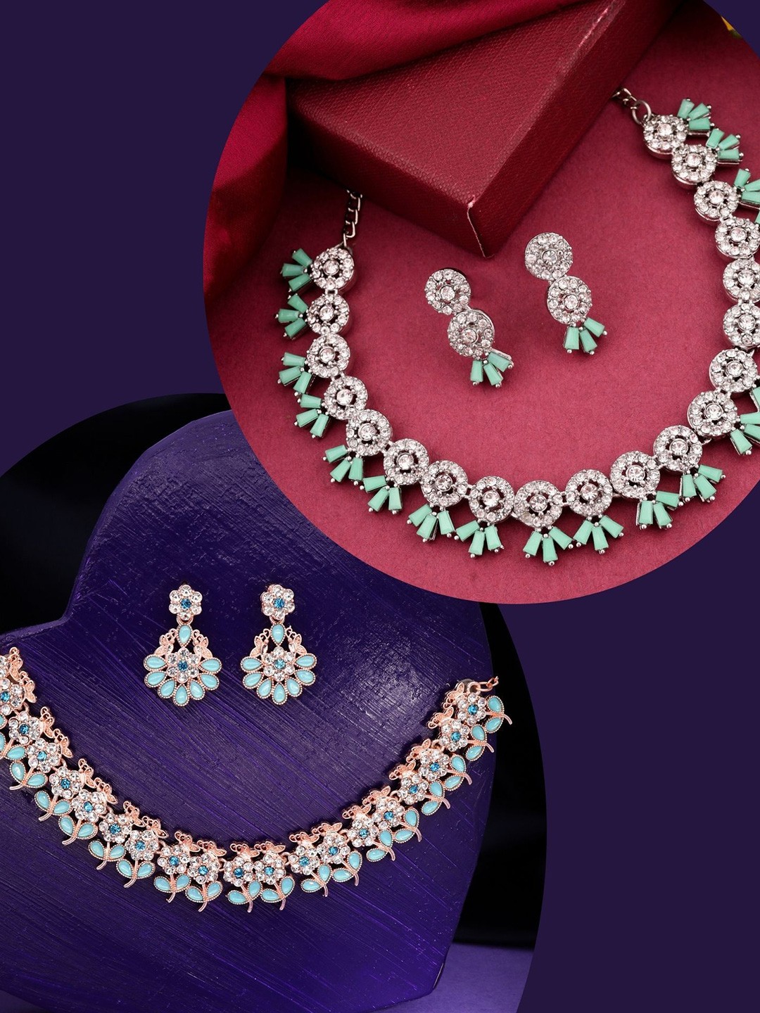 

DIVASTRI Set Of 2 Silver-Plated American Diamond Studded Jewellery Set