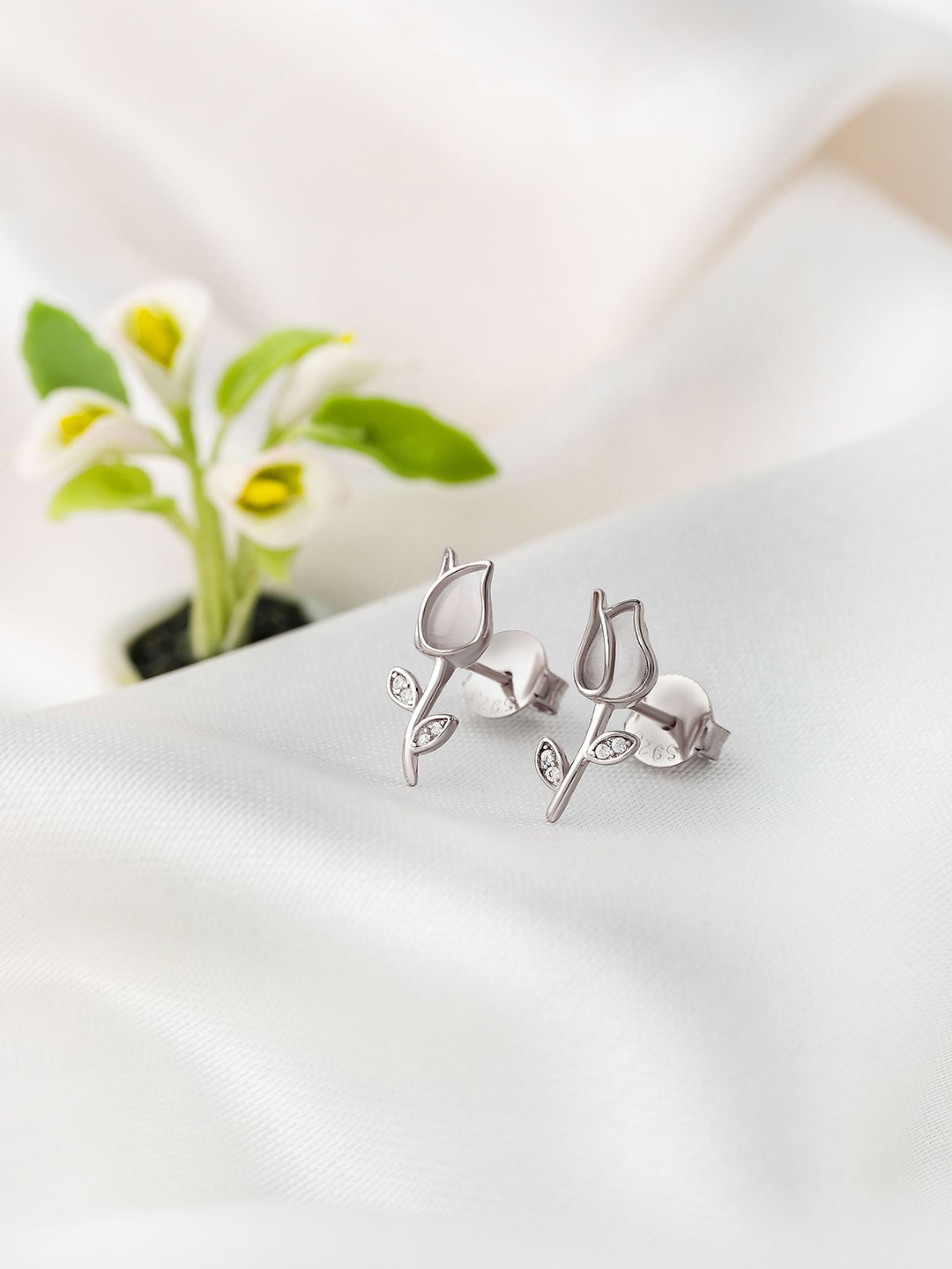 

SILBERRY 925 Sterling Silver Rhodium-Plated Cubic Zirconia Studded Rose Studs