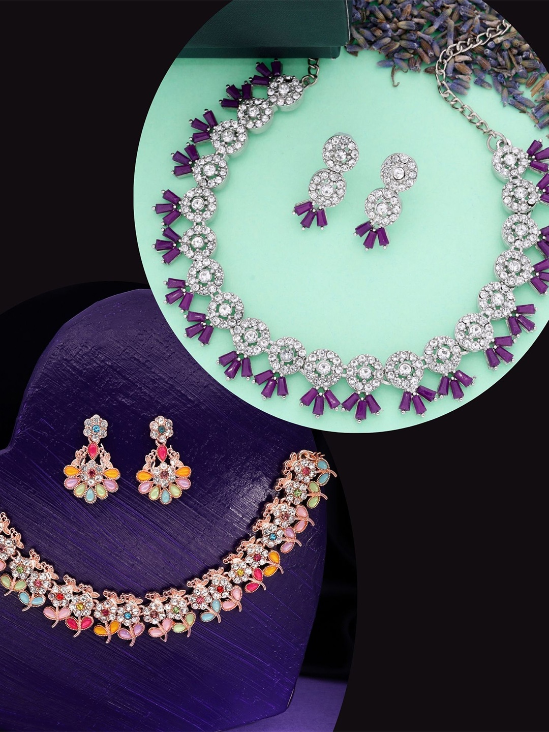 

DIVASTRI Set Of 2 Rose Gold & Silver-Plated American Diamonds Studded Jewellery Set