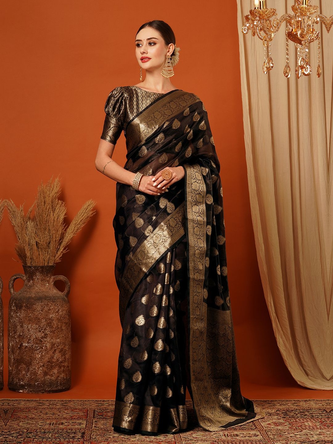 

SILKWEAR Ethnic Motifs Zari Organza Banarasi Saree, Brown