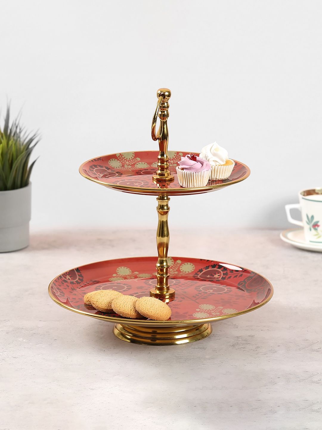 

India Circus by Krsnaa Mehta Gold-Toned & Red Raceme Rosettes 2 Tier Serving Tray
