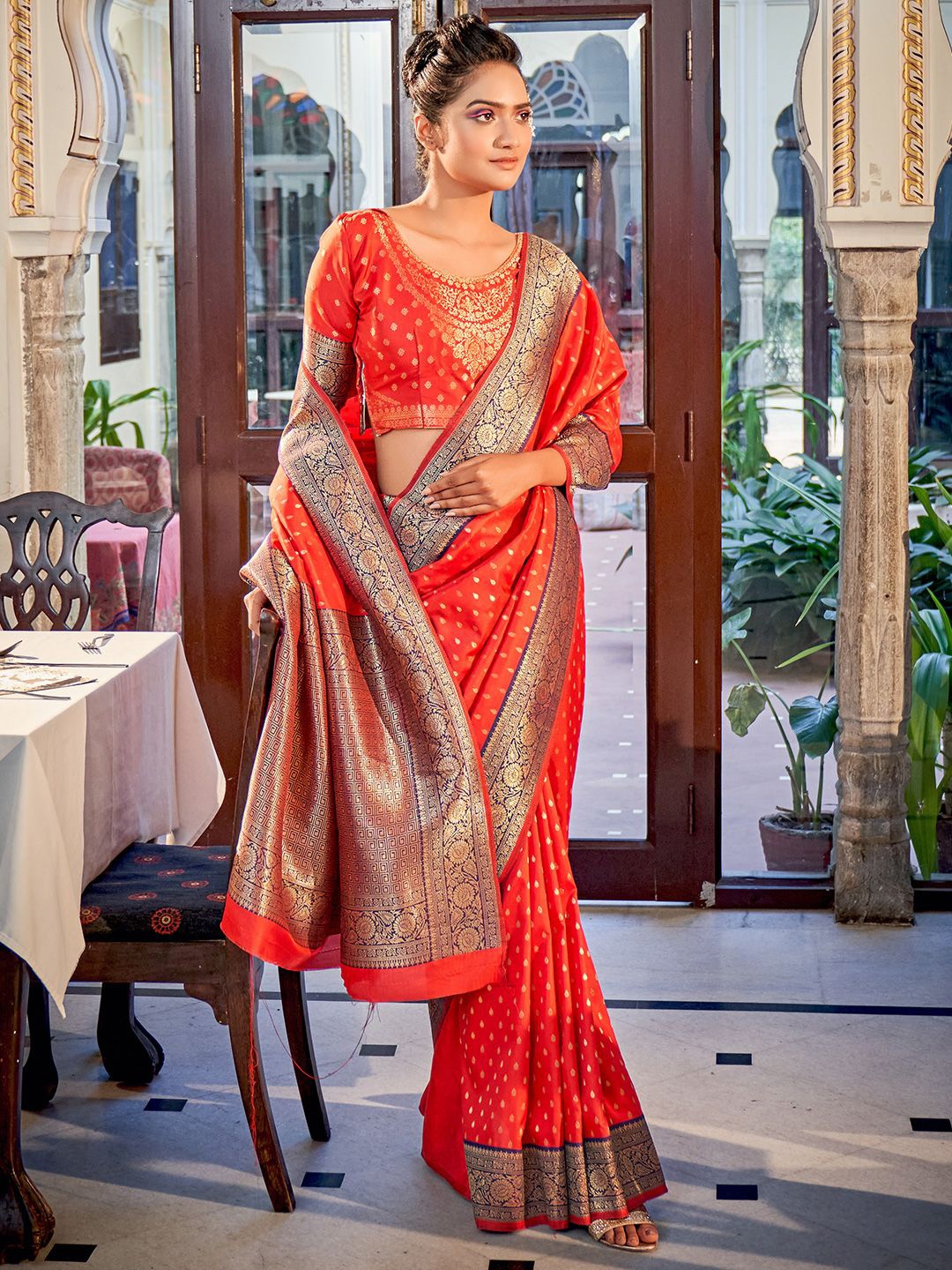 

DEVATITHI Orange Banarasi Silk Saree