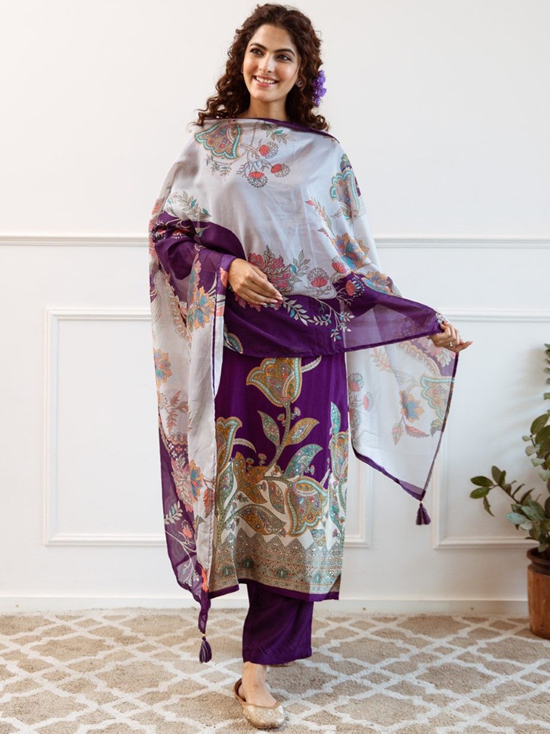 

AUTUMN LANE Floral Printed Round Neck Straight Kurta With Trouser And Dupatta, Purple