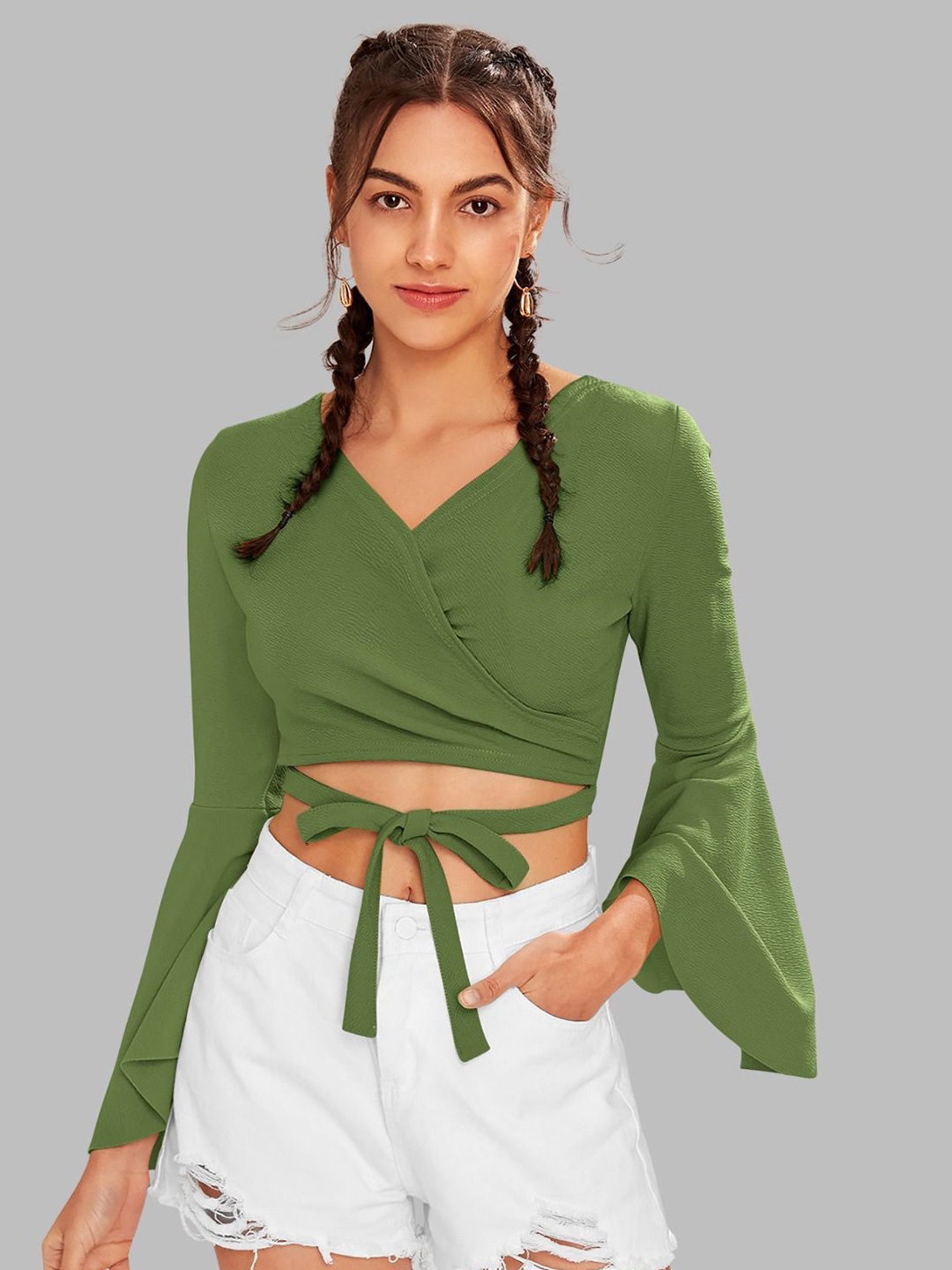 

DHUNKI Bell Sleeve Blouson Crop Top, Green