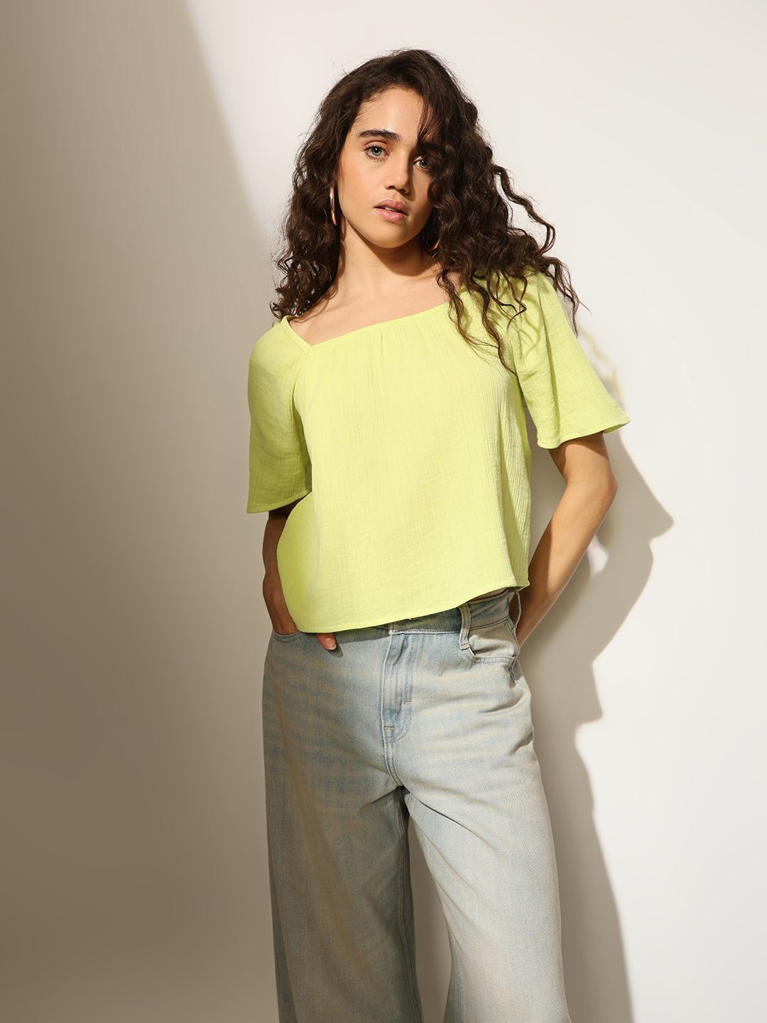 

ONLY Flared Sleeve Cotton Blouson Top, Fluorescent green