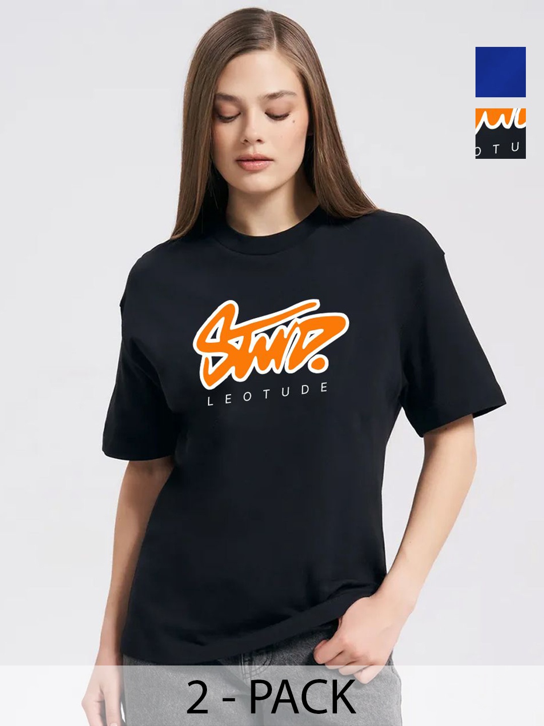 

Leotude Women Pack Of 2 Graphic Printed Round Neck Cotton Oversized T-shirts, Black
