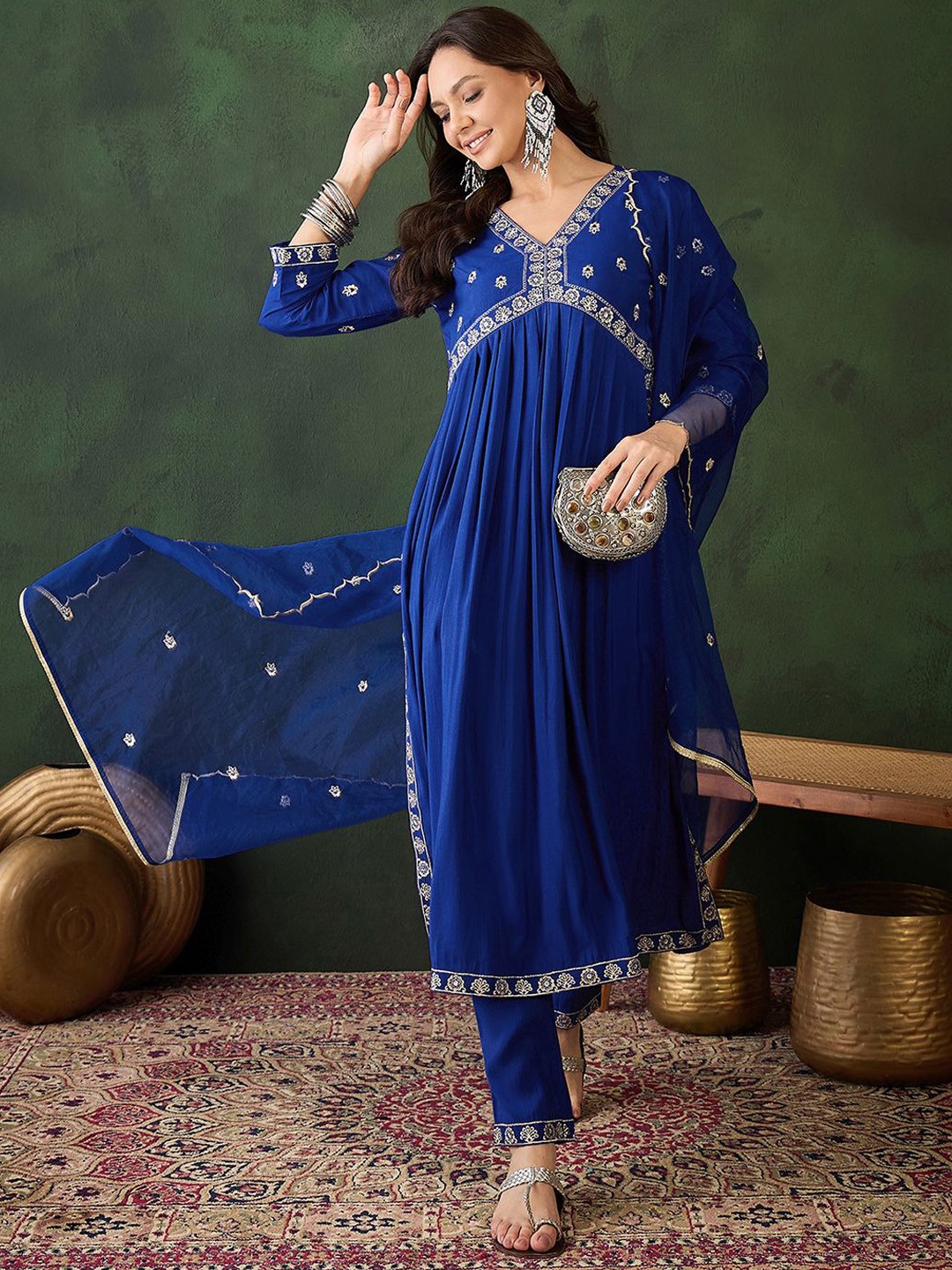 

Sangria Floral Embroidered Empire Sequinned Work A-Line Kurta With Trouser & Duputta, Blue