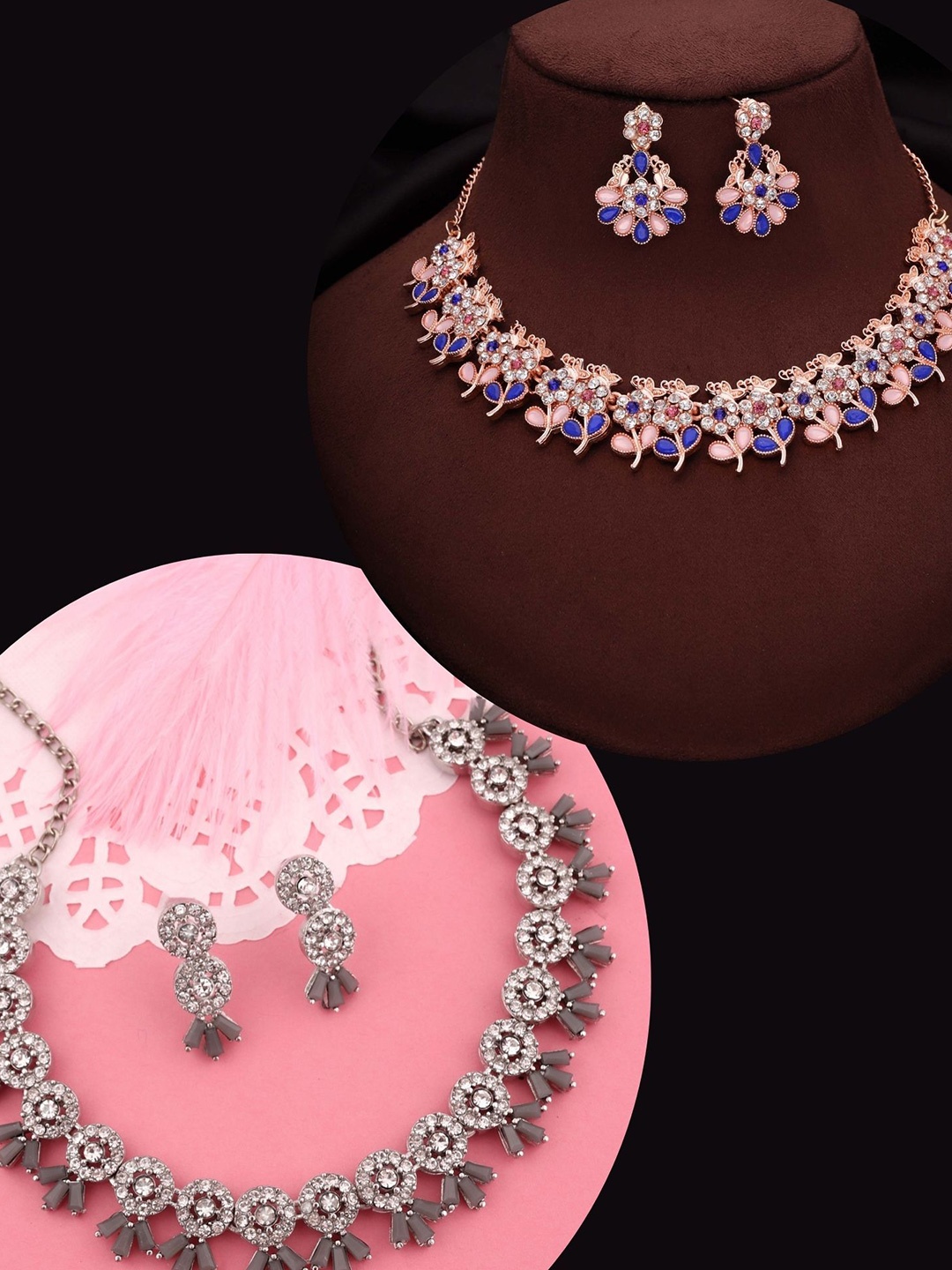 

DIVASTRI Set Of 2 Rose Gold Plated & Silver Plated American Diamond Studded Jewellery Set