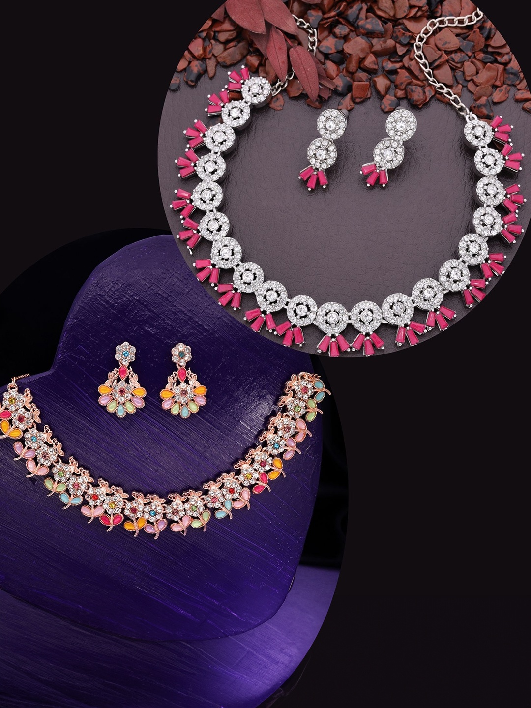 

DIVASTRI Set Of 2 Silver-Plated American Diamond Stone Studded Jewellery Set