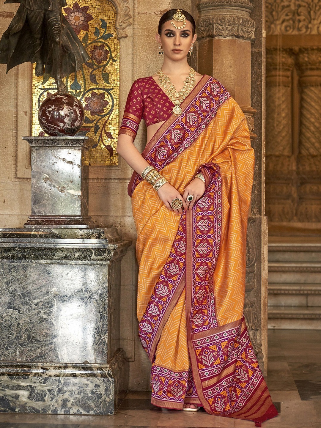 

MAHALASA Ethnic Motifs Pure Silk Handloom Patola Saree, Orange