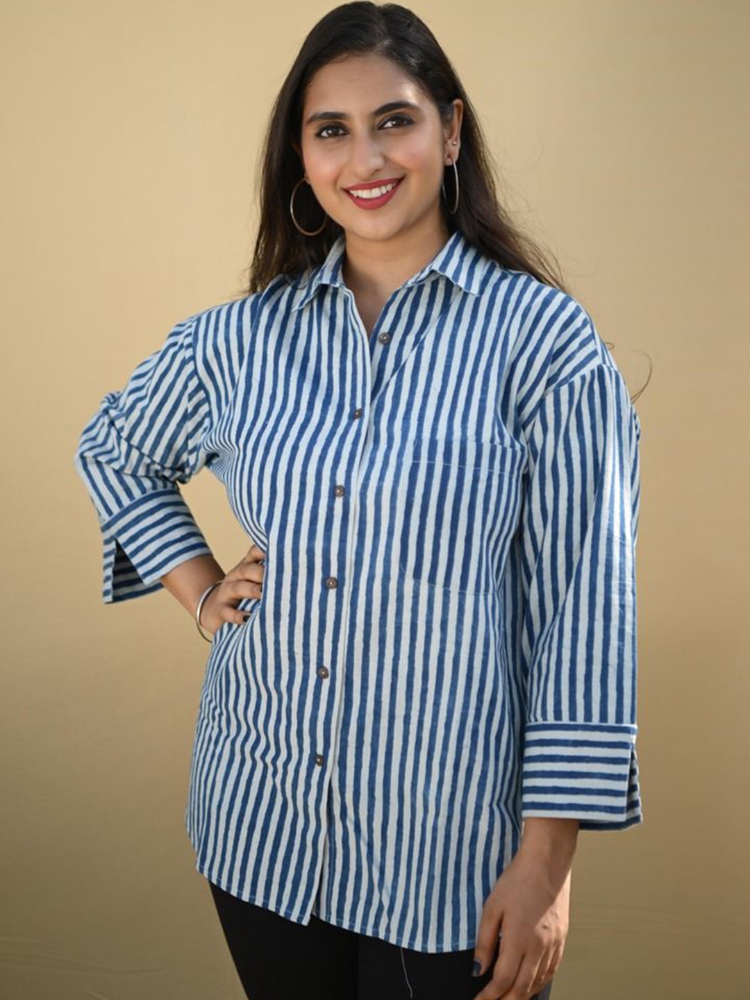 

Amaya Striped Cotton Shirt Style Top, Blue
