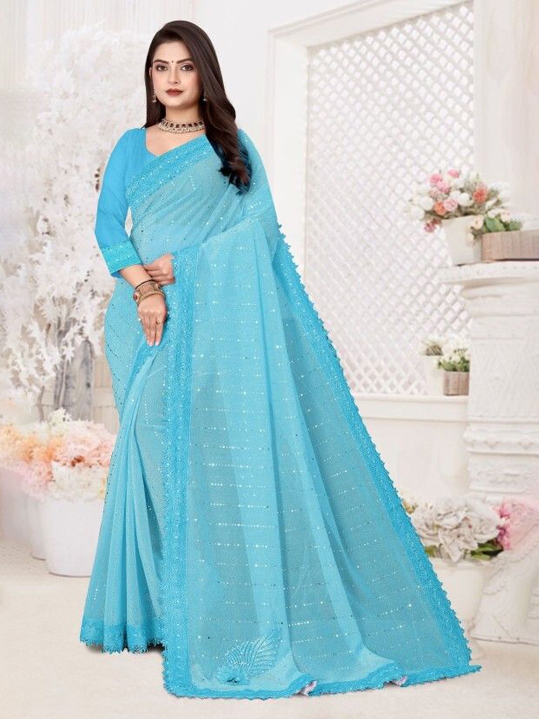 

Aika Mirror Work Saree With Blouse Piece, Turquoise blue