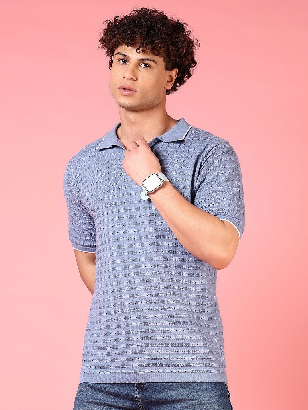 

V-Mart Men Self Design Polo Collar Cotton T-shirt, Blue