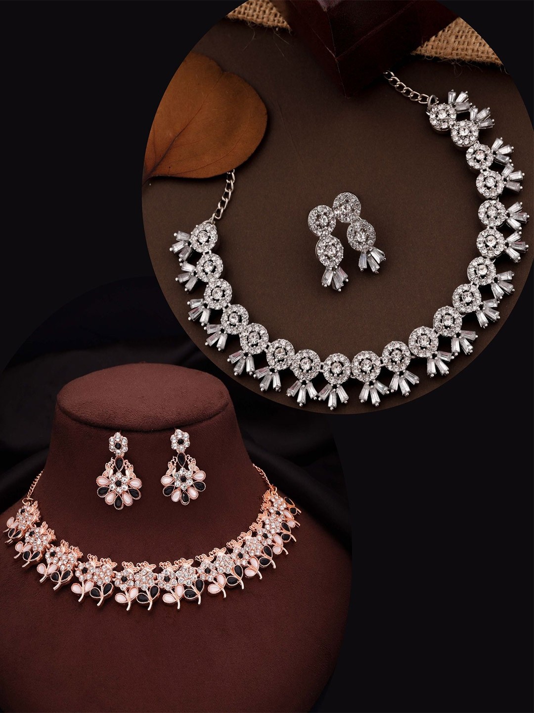 

DIVASTRI Set Of 2 Rose Gold & Silver-Plated American Diamonds Studded Jewellery Set