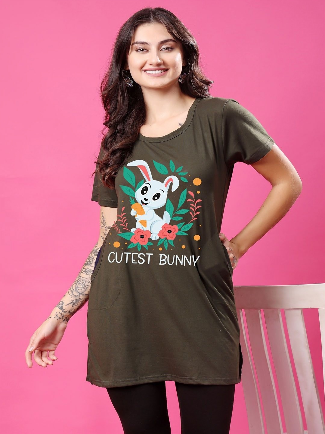 

SWIFTLY Women Bio Finish Graphic Printed Round Neck Cotton T-shirt, Olive