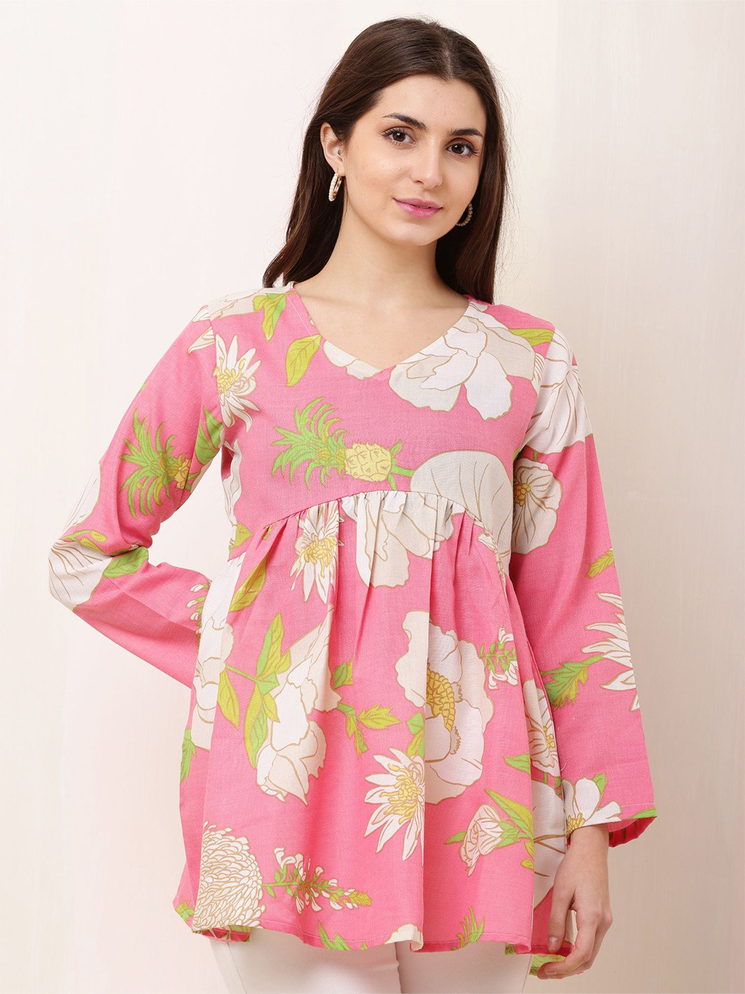 

Bright Nex Floral Print Cotton Longline Top, Pink