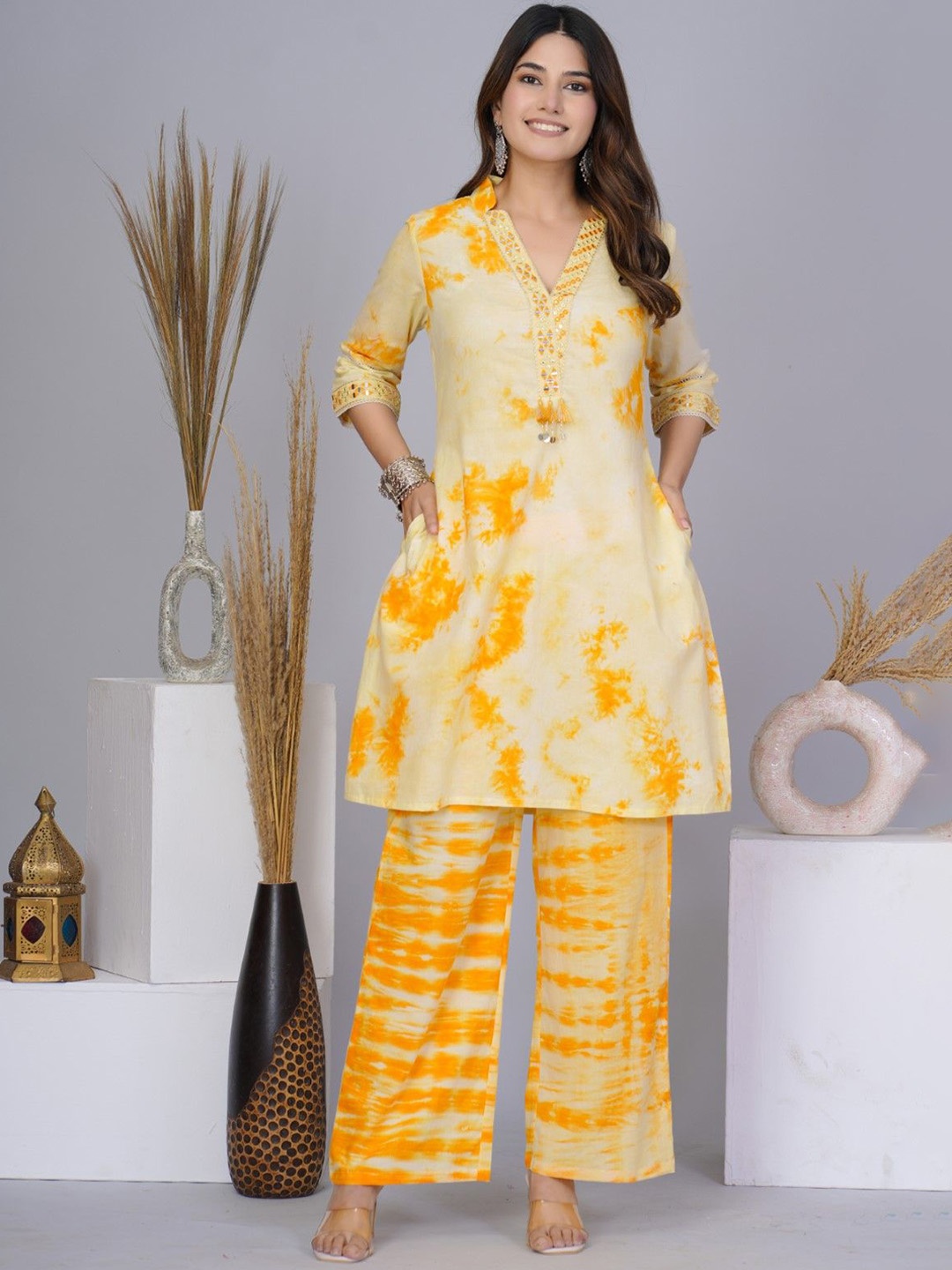

AUTUMN LANE Tie And Dyed V-Neck Pure Cotton Tunic With Trousers, Yellow