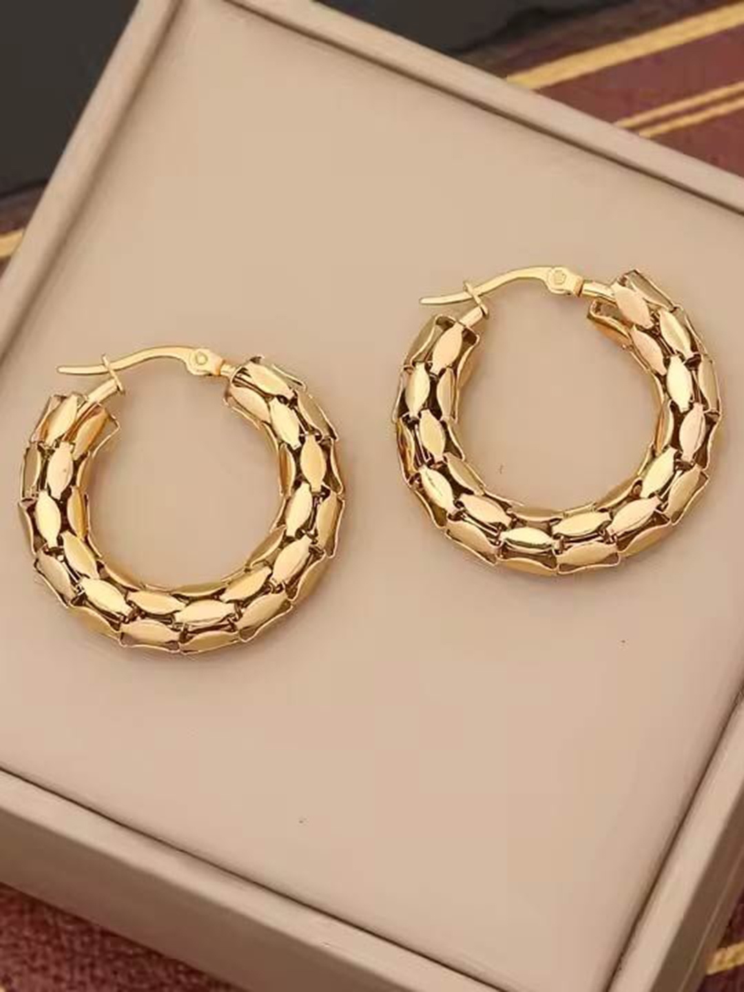 

DKane Designs Stainless Steel Gold-Plated Circular Shaped Hoop Earrings