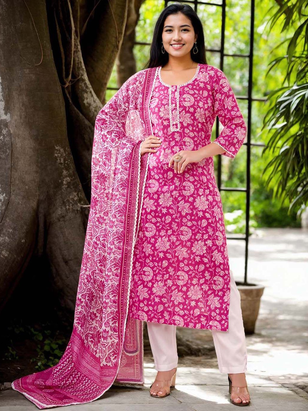 

Anouk Floral Printed Round Neck Pure Cotton Straight Kurta with Trouse And Dupatta, Pink