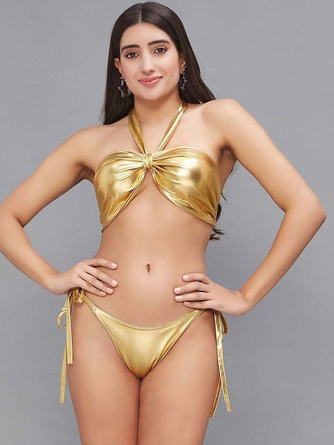 

VAGHBHATT Halter Neck Swim Bikini Set, Gold