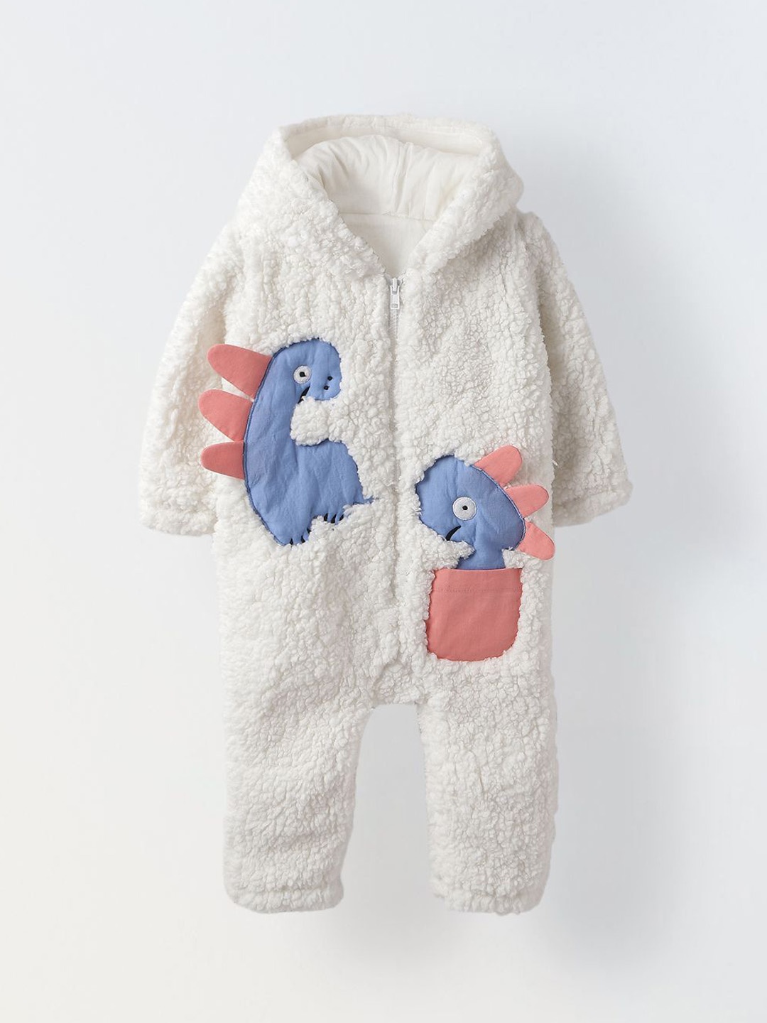 

SPUNKIES Kids Infant Fuzzy Dinosaur Hooded Romper - Cozy & Adorable Winter Outfit, White