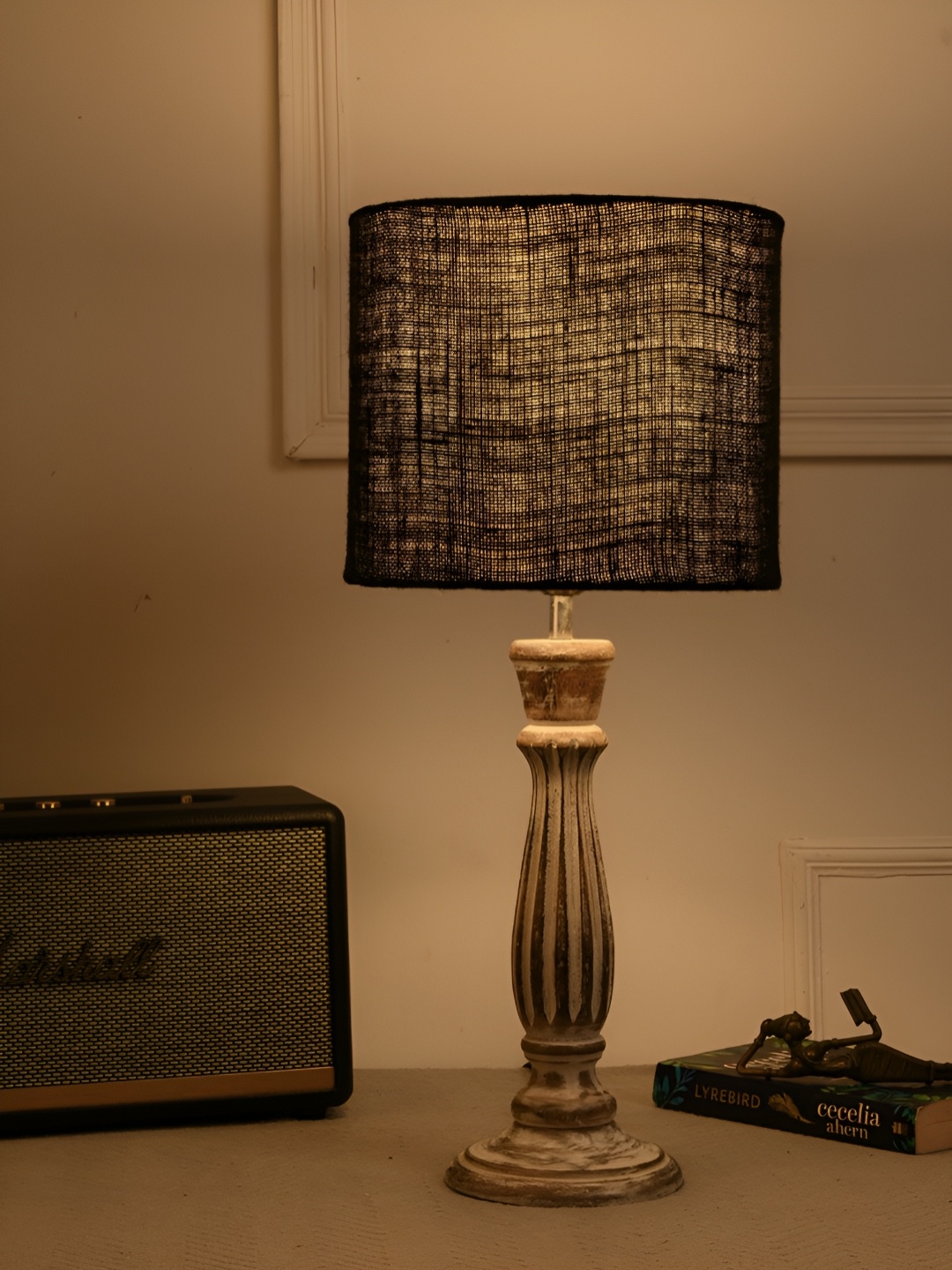 

green girgit Black Textured Cylindrical Shaped Wooden Table Lamp with Bulb