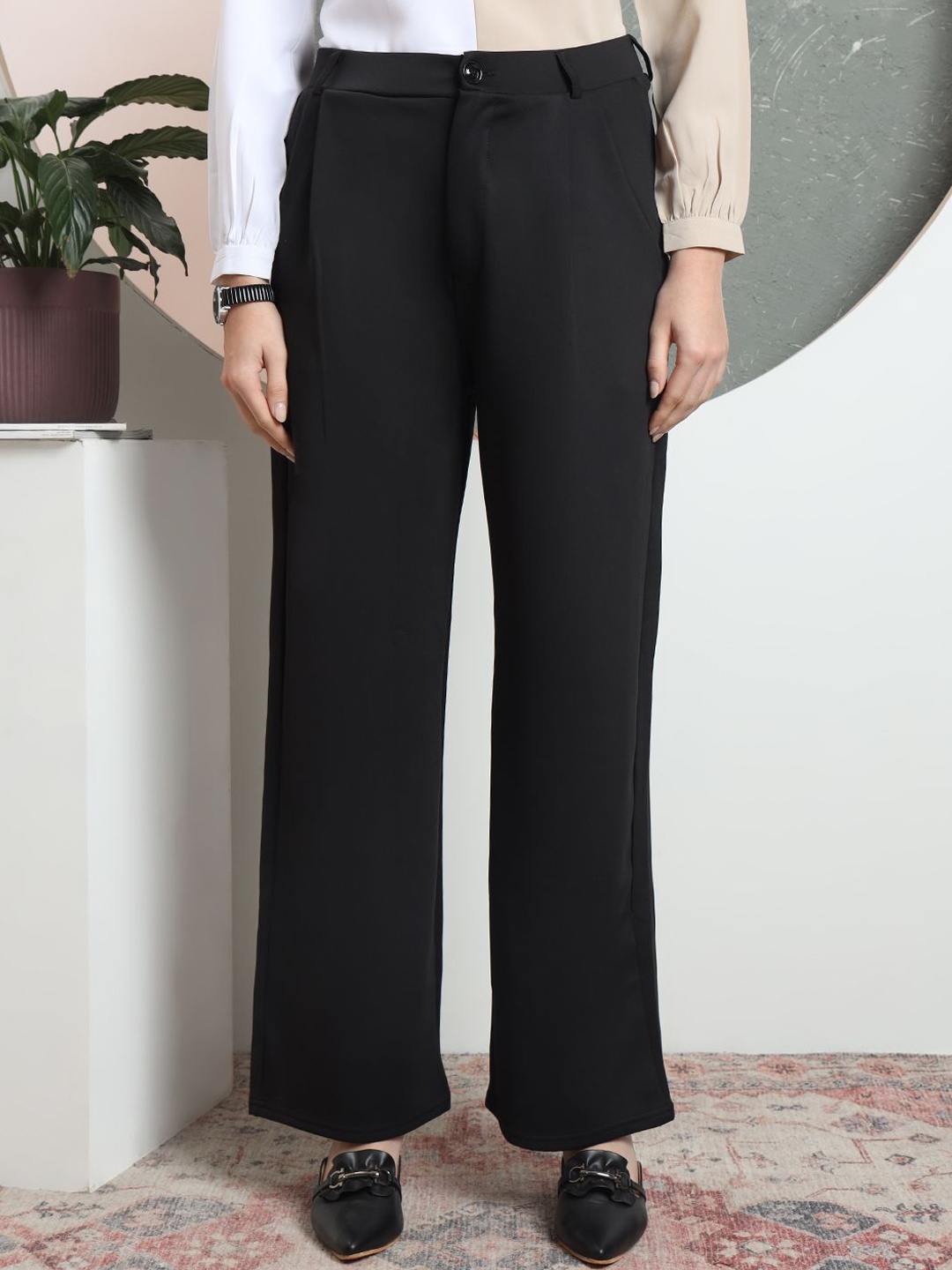 

FITHUB Women Loose Fit High-Rise Wrinkle Free Pleated Trousers, Black