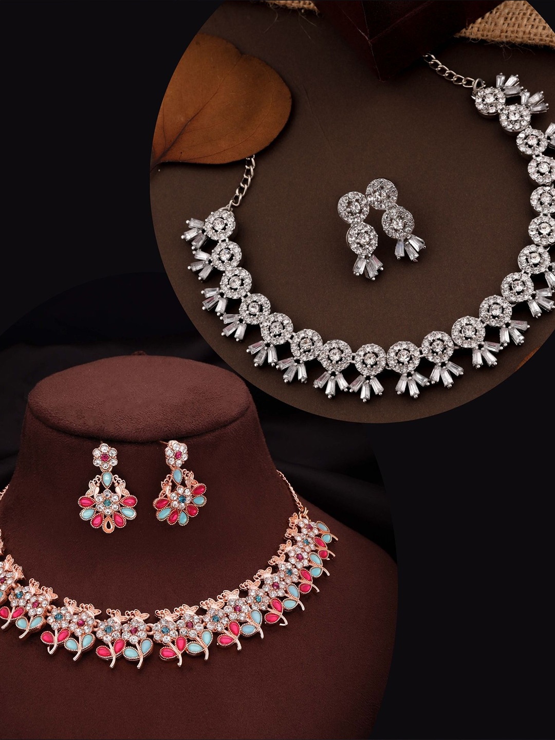 

DIVASTRI Set Of 2 Rose Gold & Silver-Plated American Diamonds Studded Jewellery Set