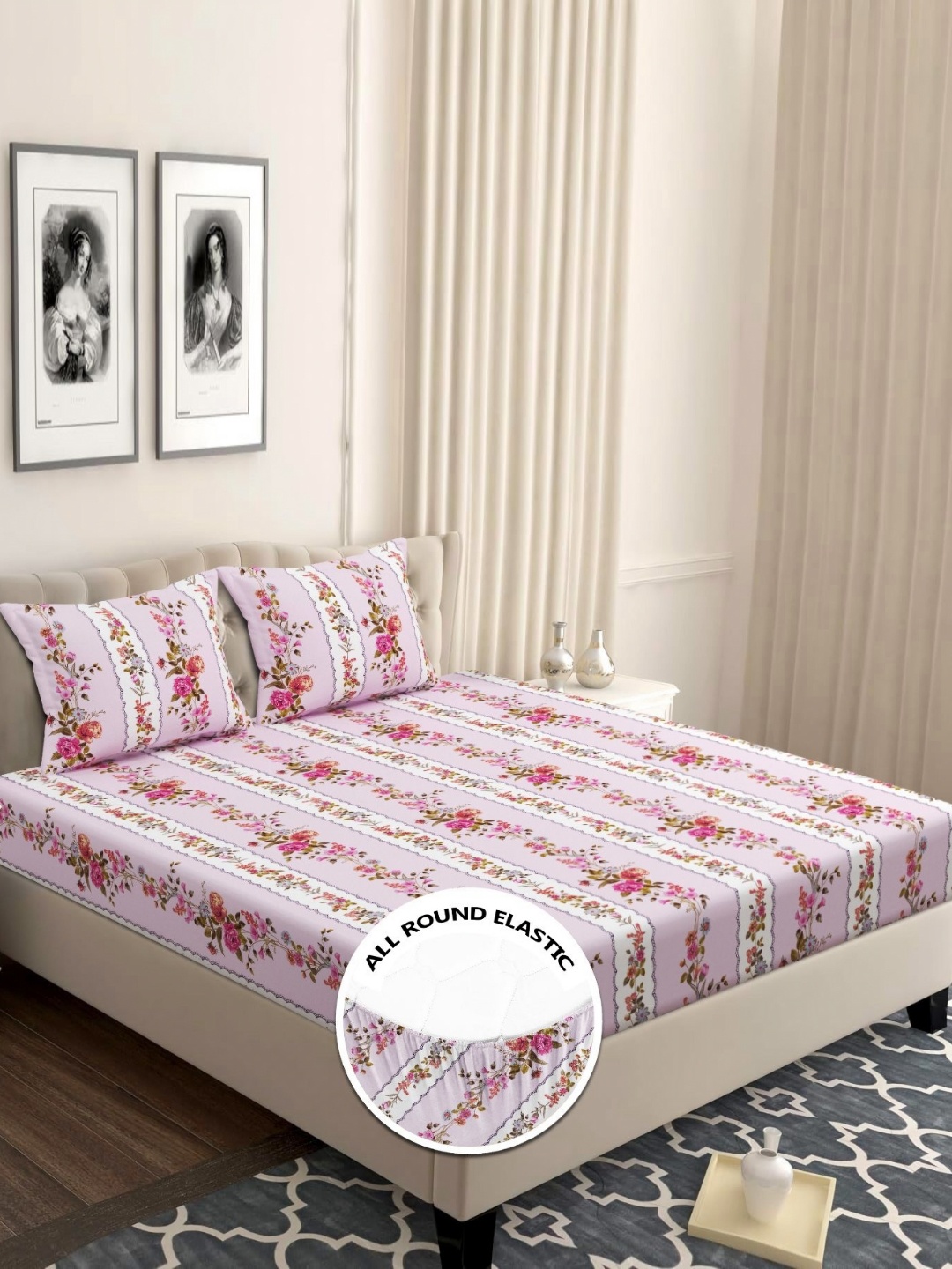 

bsb home Valancia Pink Floral Printed Microfiber 210 TC King Bedsheet Set 1.98 m x 1.82 m