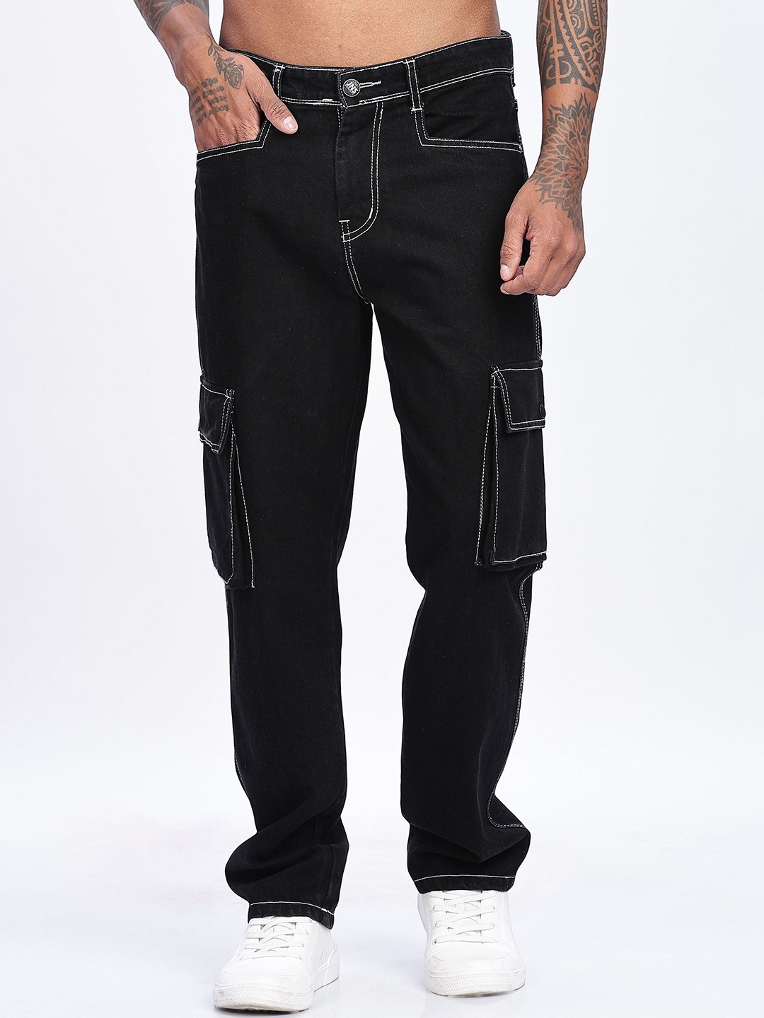 

BEVDAAS Men High-Rise Cotton Cargo Jeans, Black