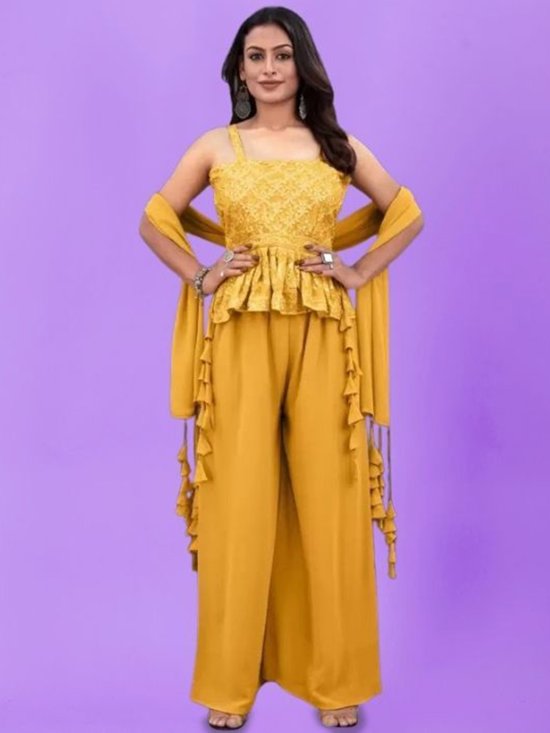 

PARROT CREATION Floral Embroidered Sequinned Kurti With Sharara And Dupatta, Yellow