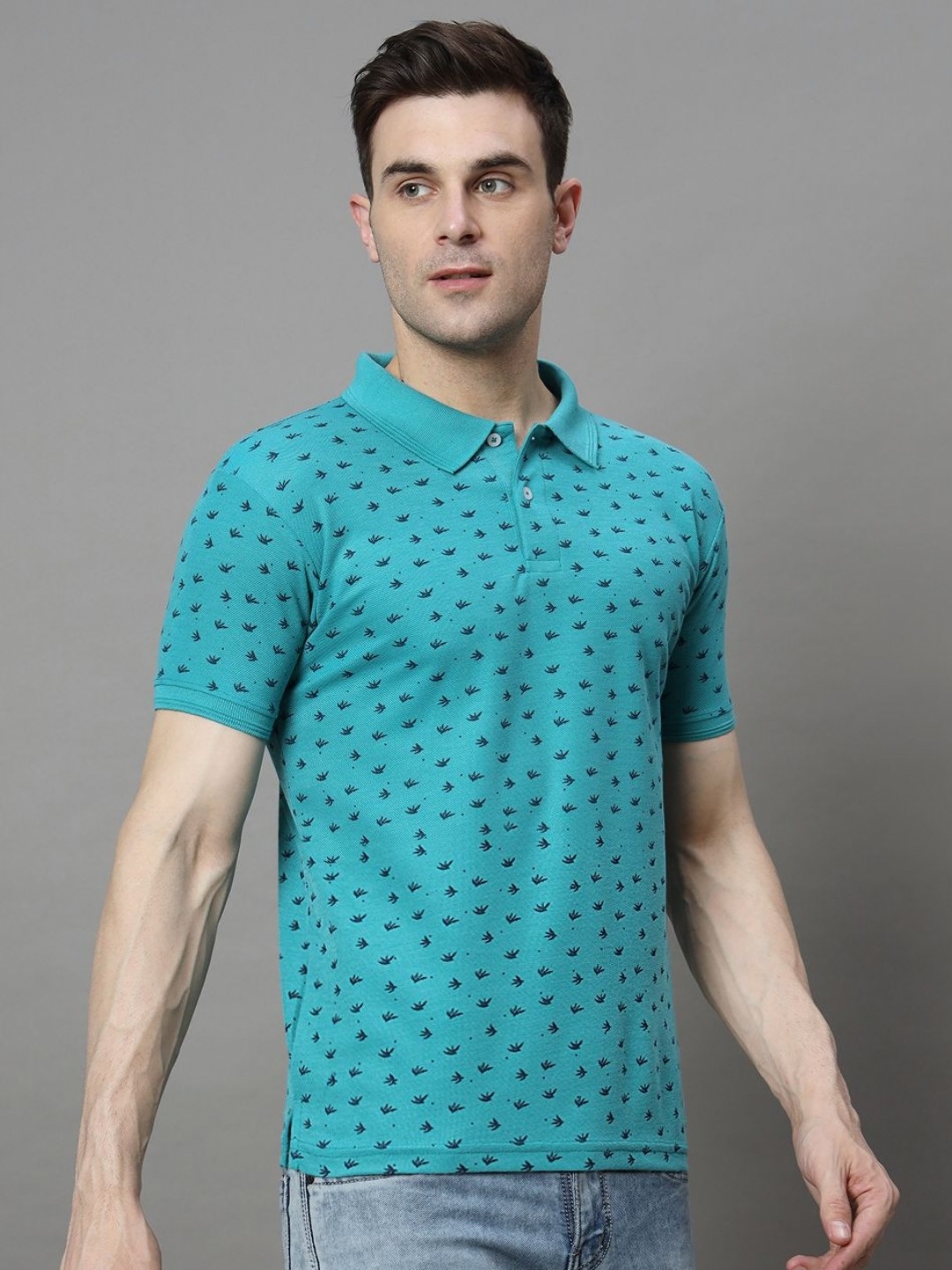 

SZN Men Abstract Printed Polo Collar Cotton T-shirt, Green