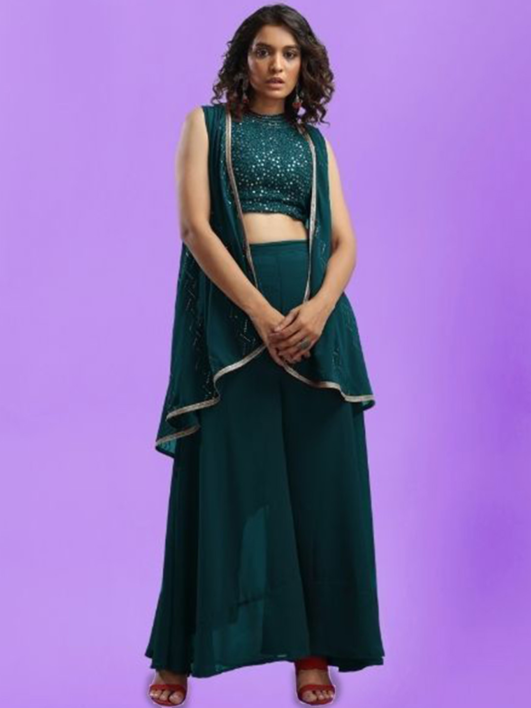 

PARROT CREATION Floral Embroidered Poly Georgette Crop Top With Long Shrug & Palazzos, Teal
