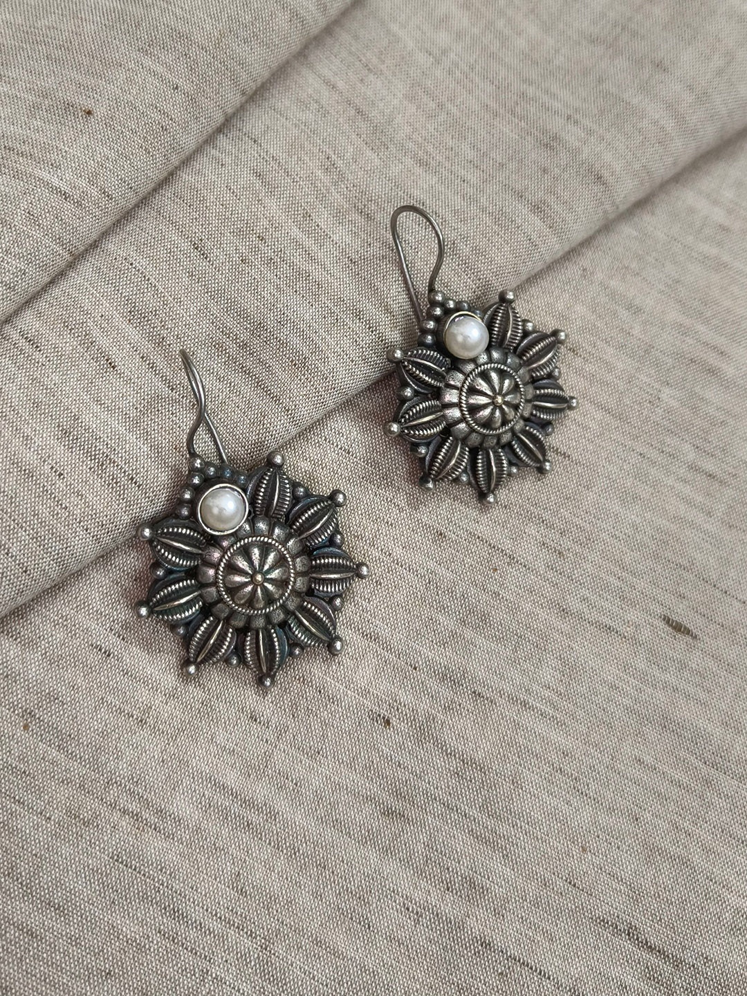 

Molcha Artificial Beaded Floral Shaped Oxidised Drop Earrings, Silver