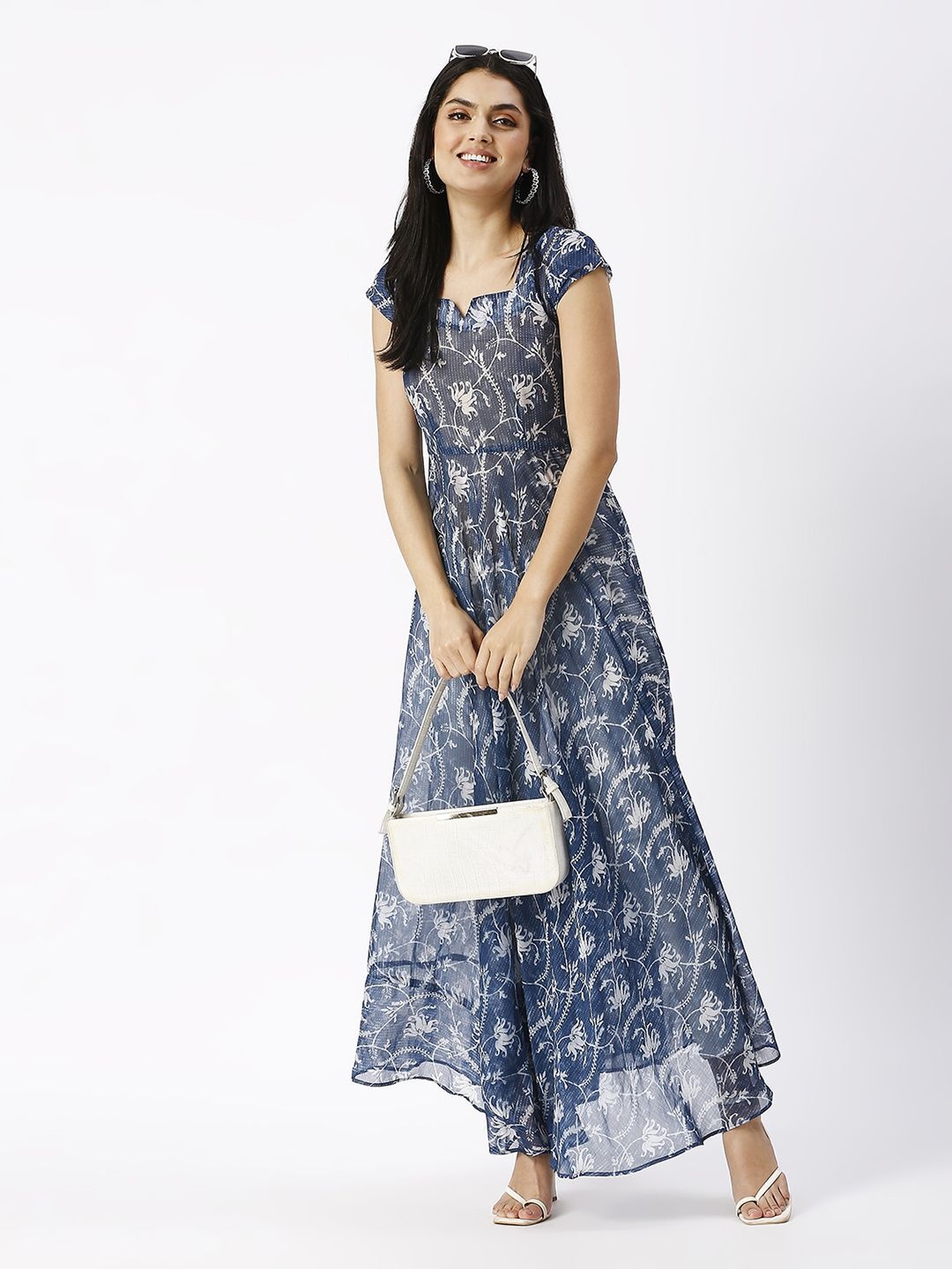 

Noia Ethnic Motifs Print Georgette Fit & Flare Maxi Dress, Blue